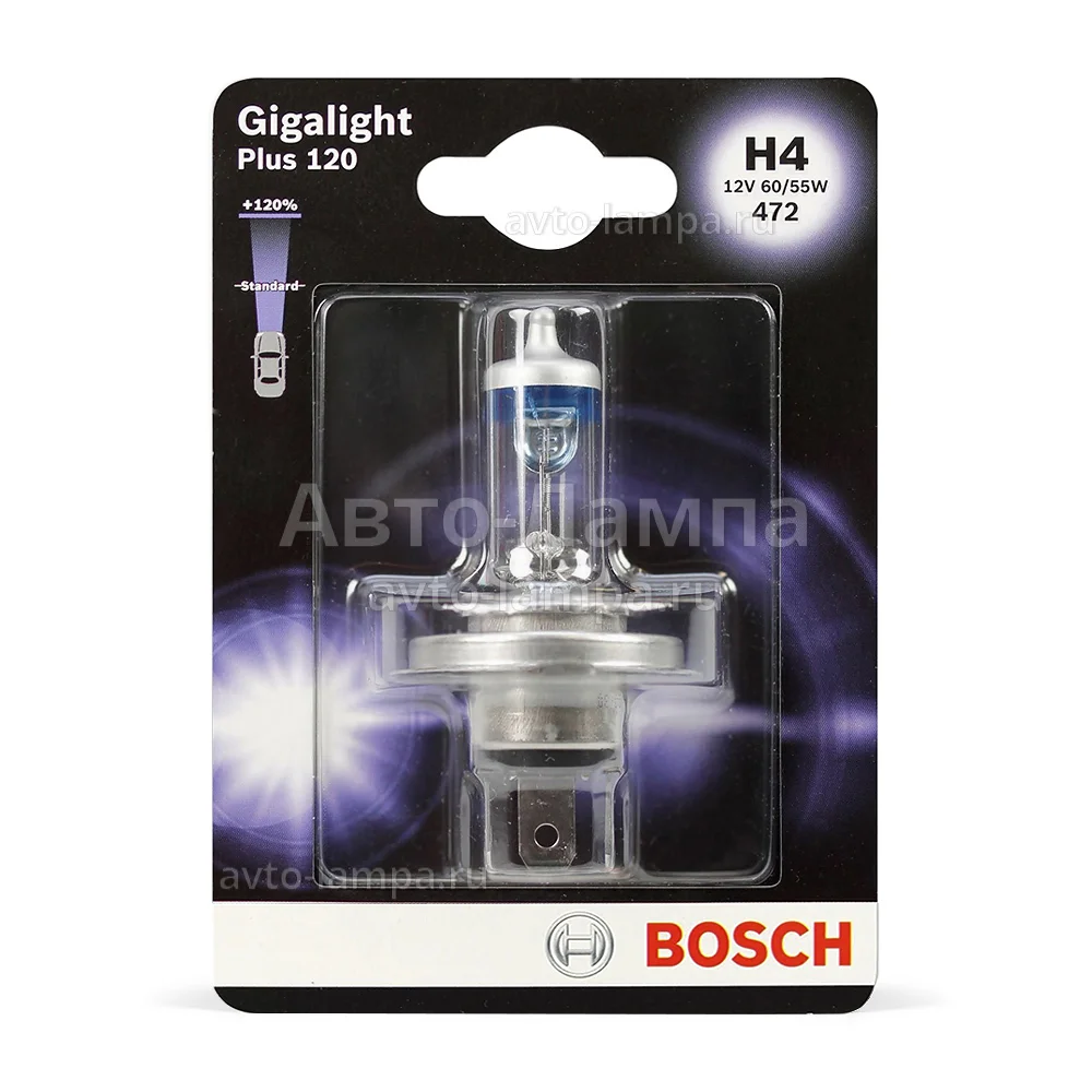 Лампа розжарювання H4 12V 60/55W P43t GigaLight +120 (blister 1шт)