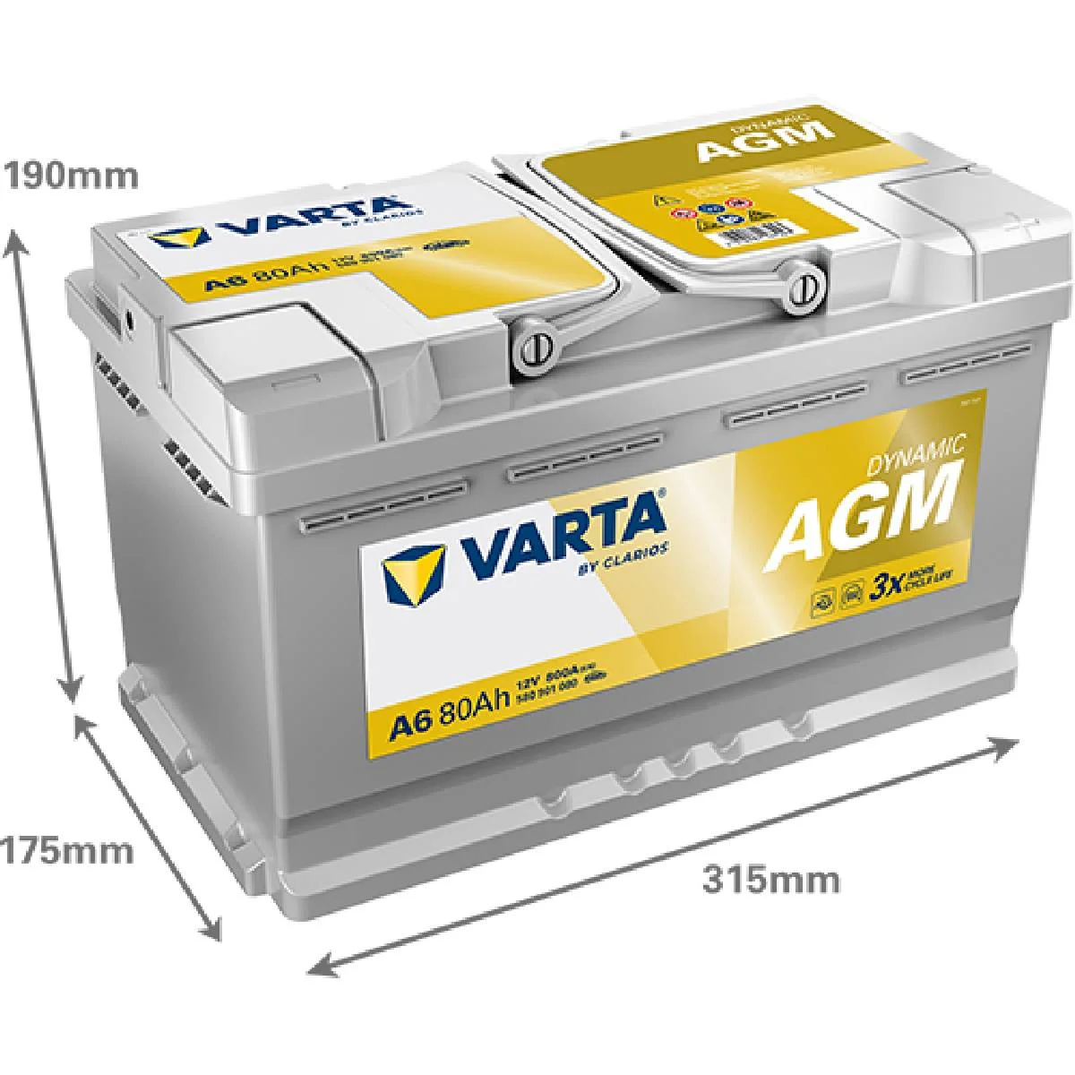 Акумулятор 80Ah-12v VARTA Dynamic AGM (A6) (315х175х190),R,EN800