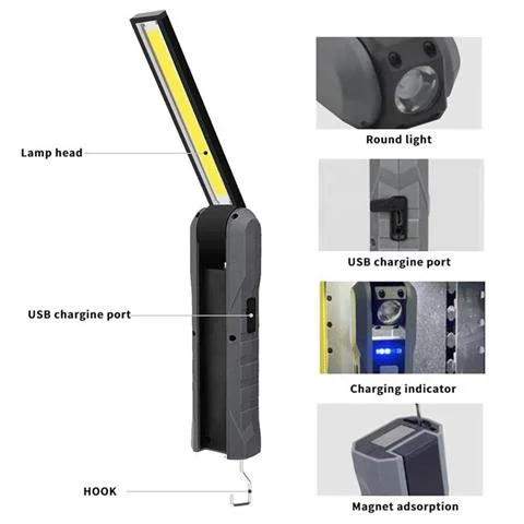 Фонарь рабочий (инспекционный) 3W LED + 5W COB / 2000mAh алюминиевый с резиновыми вставками (магнит)
